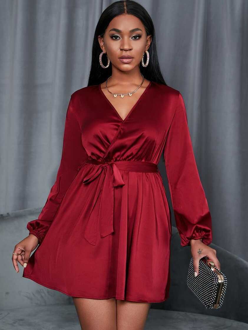 Lantern Sleeve Overlap Collar Belted Satin Dress