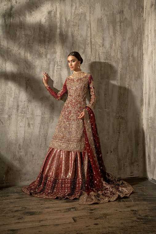 Latest Pakistani Red Bridal Kameez Lehenga Dress #BS869