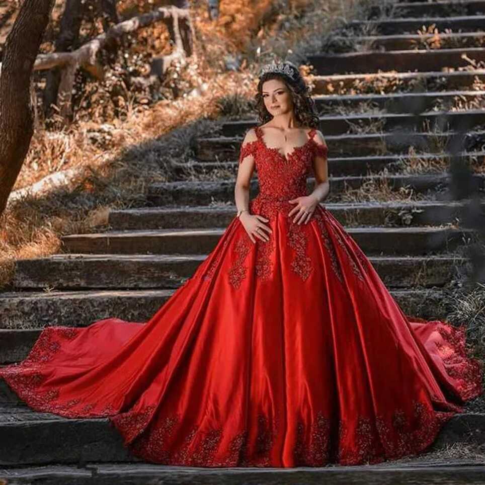 Latest Plus Size Ball Gown Red Wedding Dresses Off The Shoulder ...