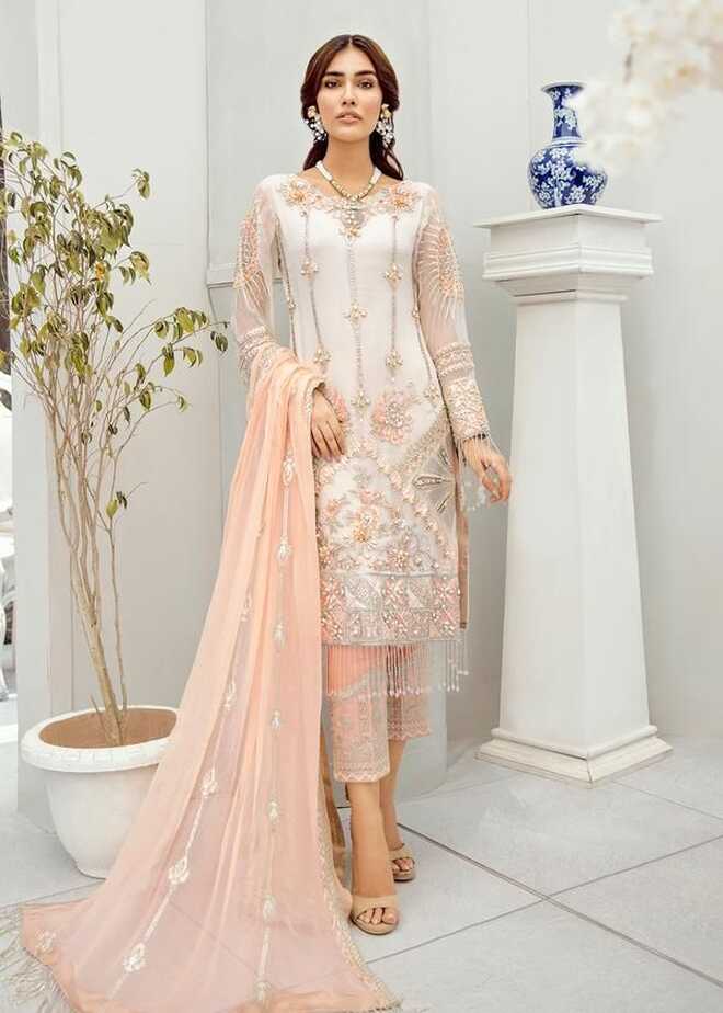 Latest White Chiffon Dress With Soft Peach Combination # CA138