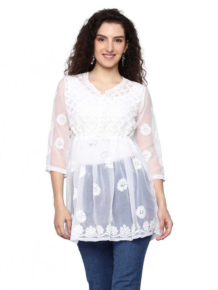 Lavangi Women Lucknow Chikan White Georgette Frock Short Top