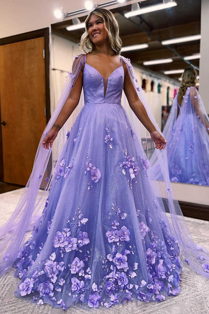 Lavender 3D Floral Lace A-Line Prom Dress with Cape Sleeves | KissProm