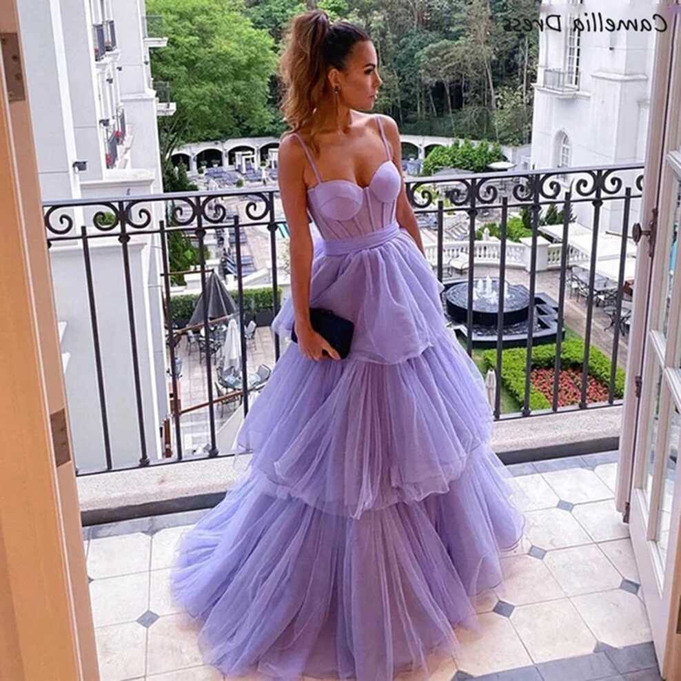 Lavender A Line Tulle Prom Dresses Layered Skirt Evening Gowns ...