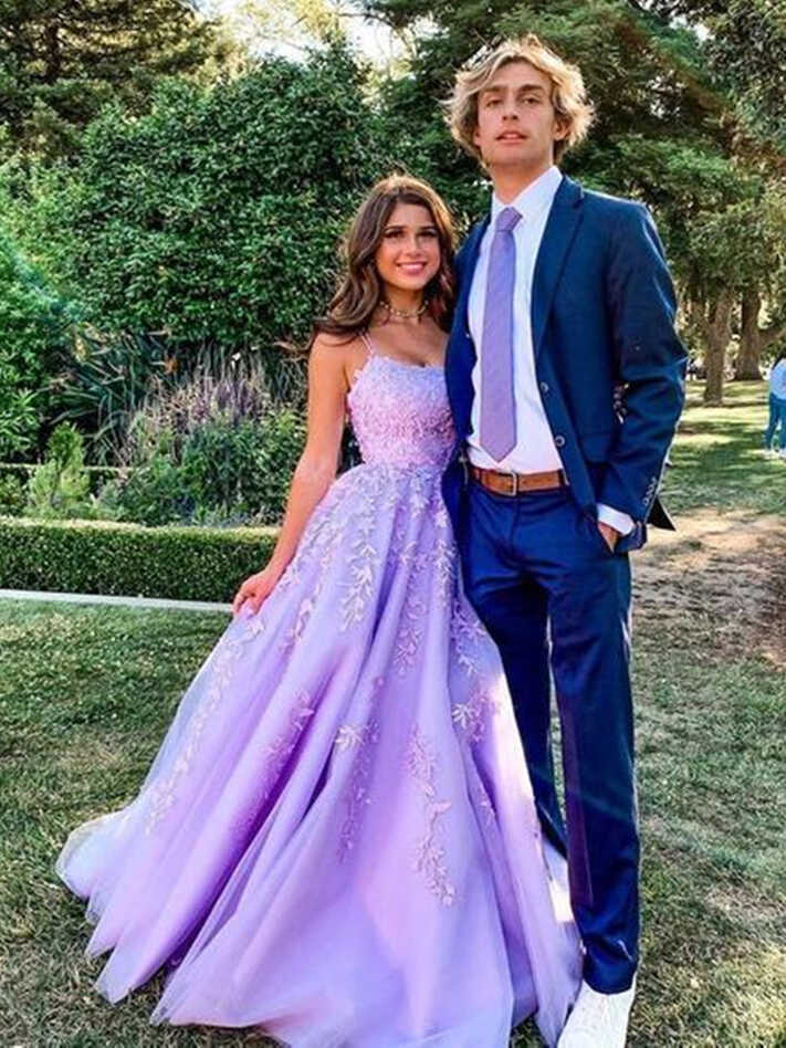 Lavender Applique Tulle Long Prom Dresses, Purple Lace Graduation ...