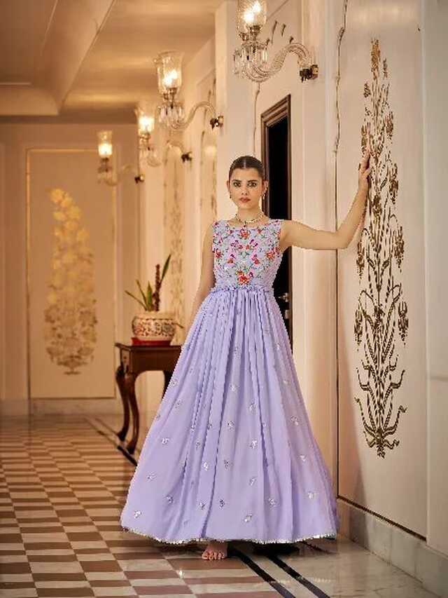 Lavender Designer Gown With Thread and Sequence Embroidery Work ...