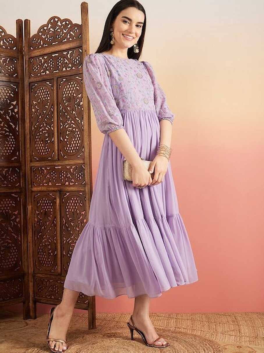 Lavender Floral Embroidered Flared Midi Ethnic Dresses – Inddus.com