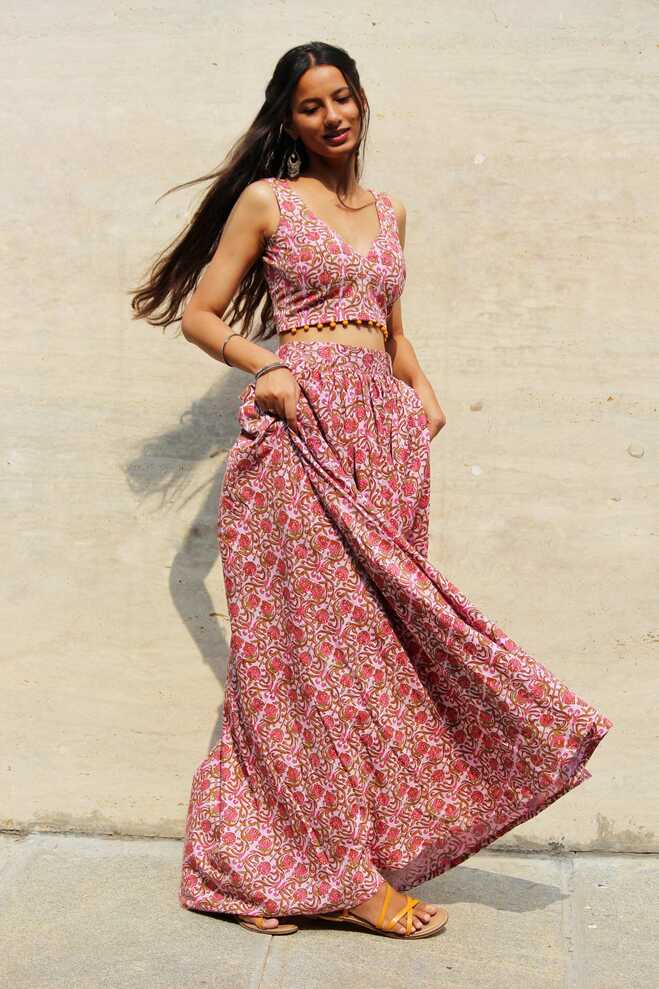 Lavender Floral Maxi Skirt and Top Set - Mogra Designs