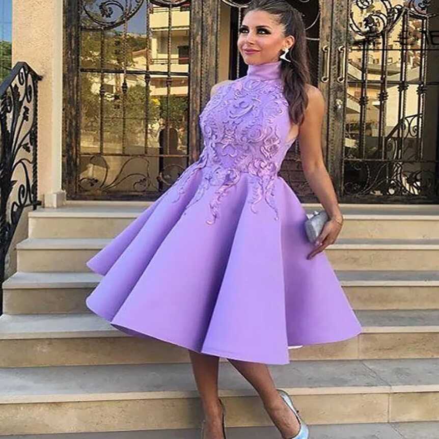 Lavender High Neck A Line Short Purple Prom Dress Elegant Knee ...