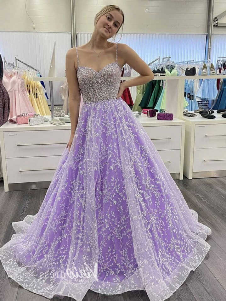 Lavender Lace Appliqued Prom Dresses Spaghetti Strap Formal Gown ...