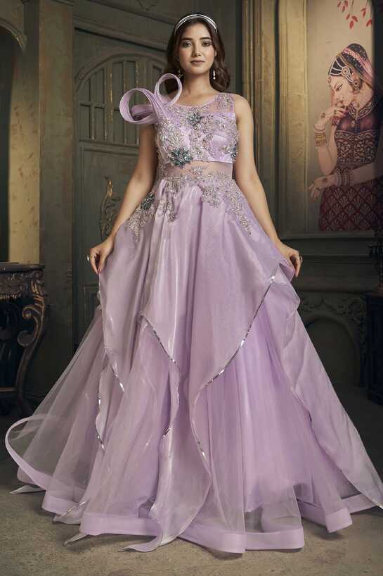 Lavender Purple Organza Silk Net Designer Gown