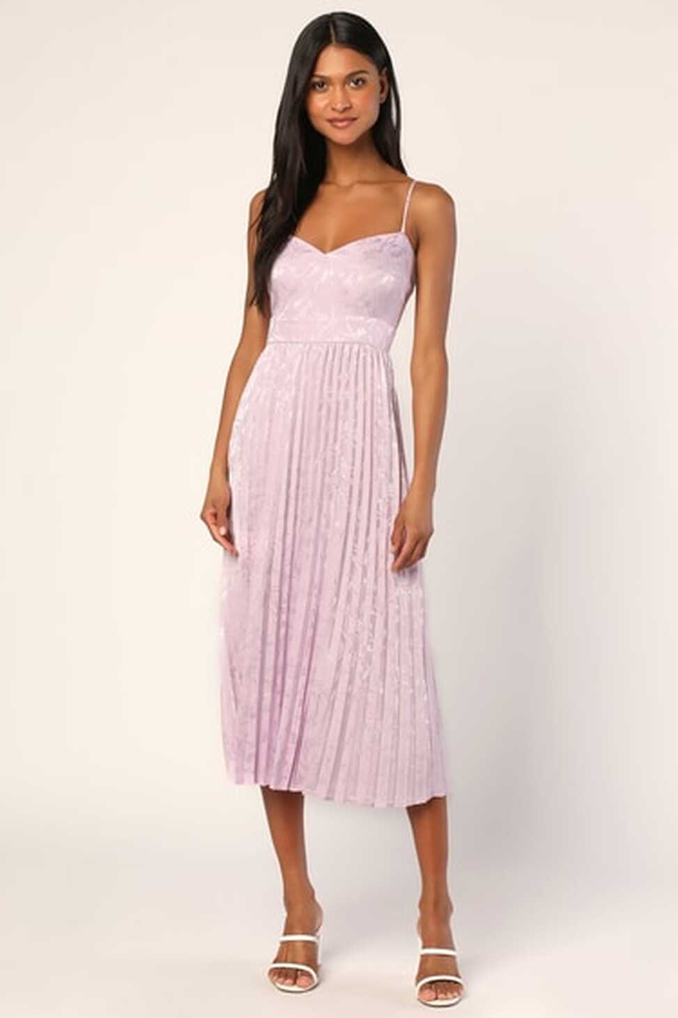 Lavender Satin Dress - Pleated Midi Dress - Floral Jacquard Dress ...