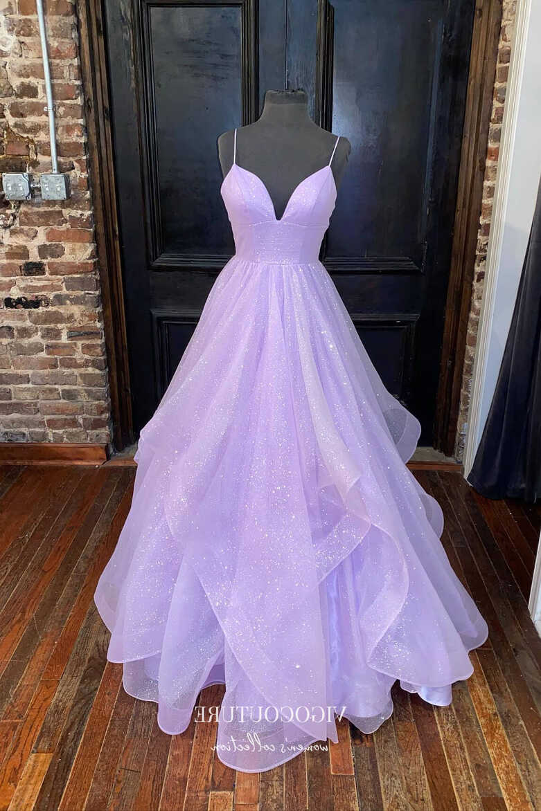 Lavender Sparkly Tulle Formal Dresses Spaghetti Strap Prom Dresses ...