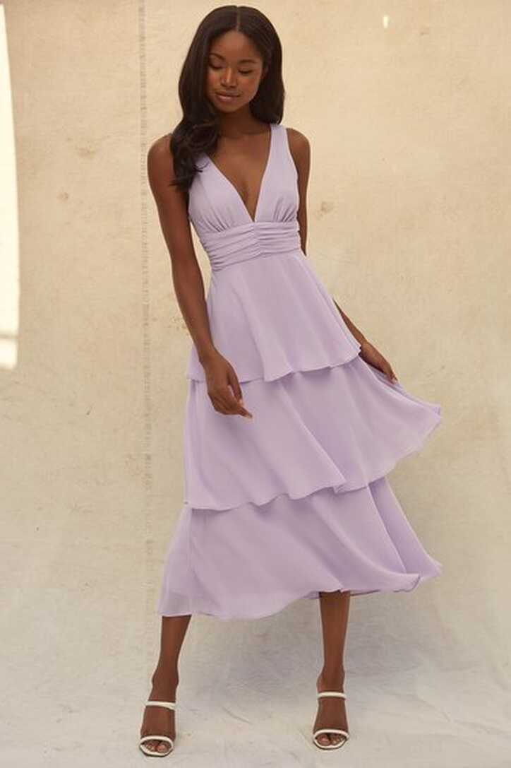 Lavender V-Neck Dress - Tiered Midi Dress - Sleeveless Dress - Lulus