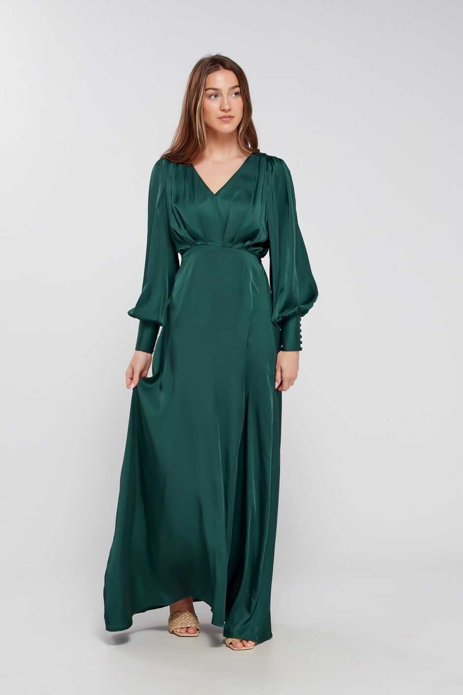 Layla Emerald Green Satin Maxi Dress With Long Sleeves - TAHLIRA