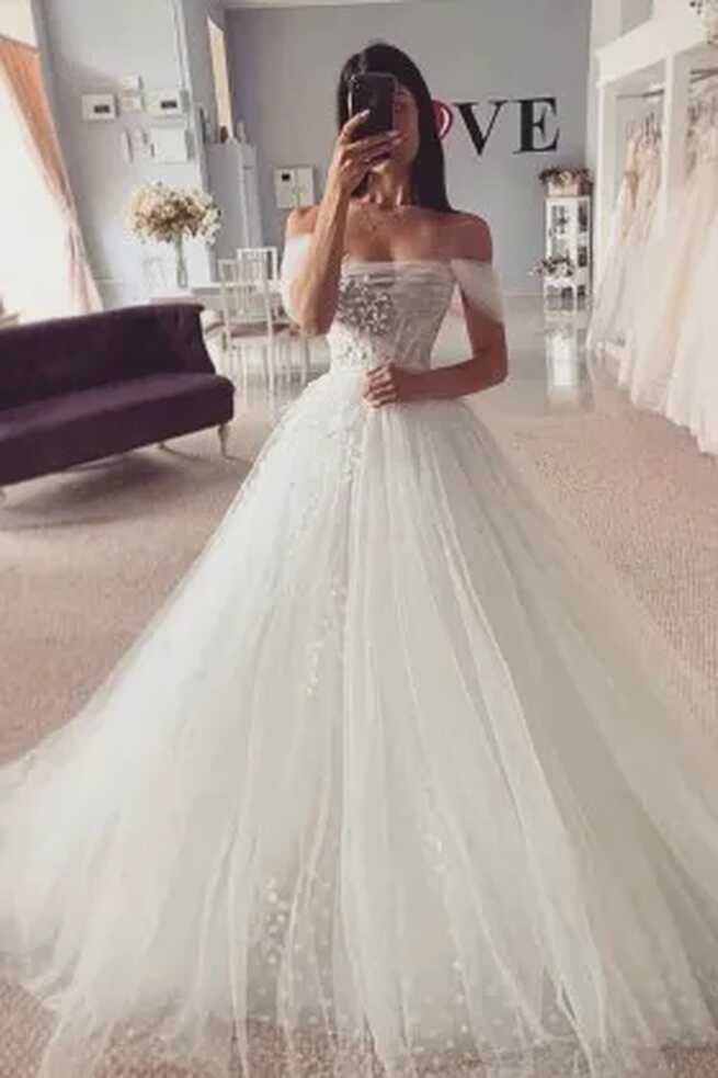 Leaf Lace Appliqued Off-shoulder Fairy Wedding Gown - Promfy