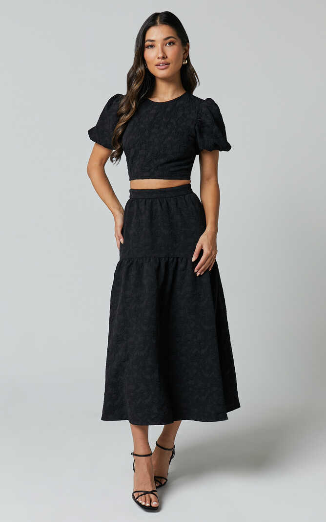 Leila Two Piece Set - Puff Sleeve Top and Midi Skirt Set in Black ...