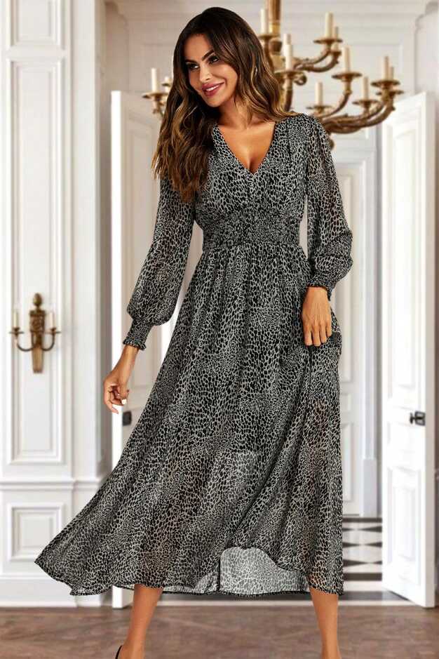 Leopard Print Long Sleeve Maxi Dress In Grey - Women from Yumi UK