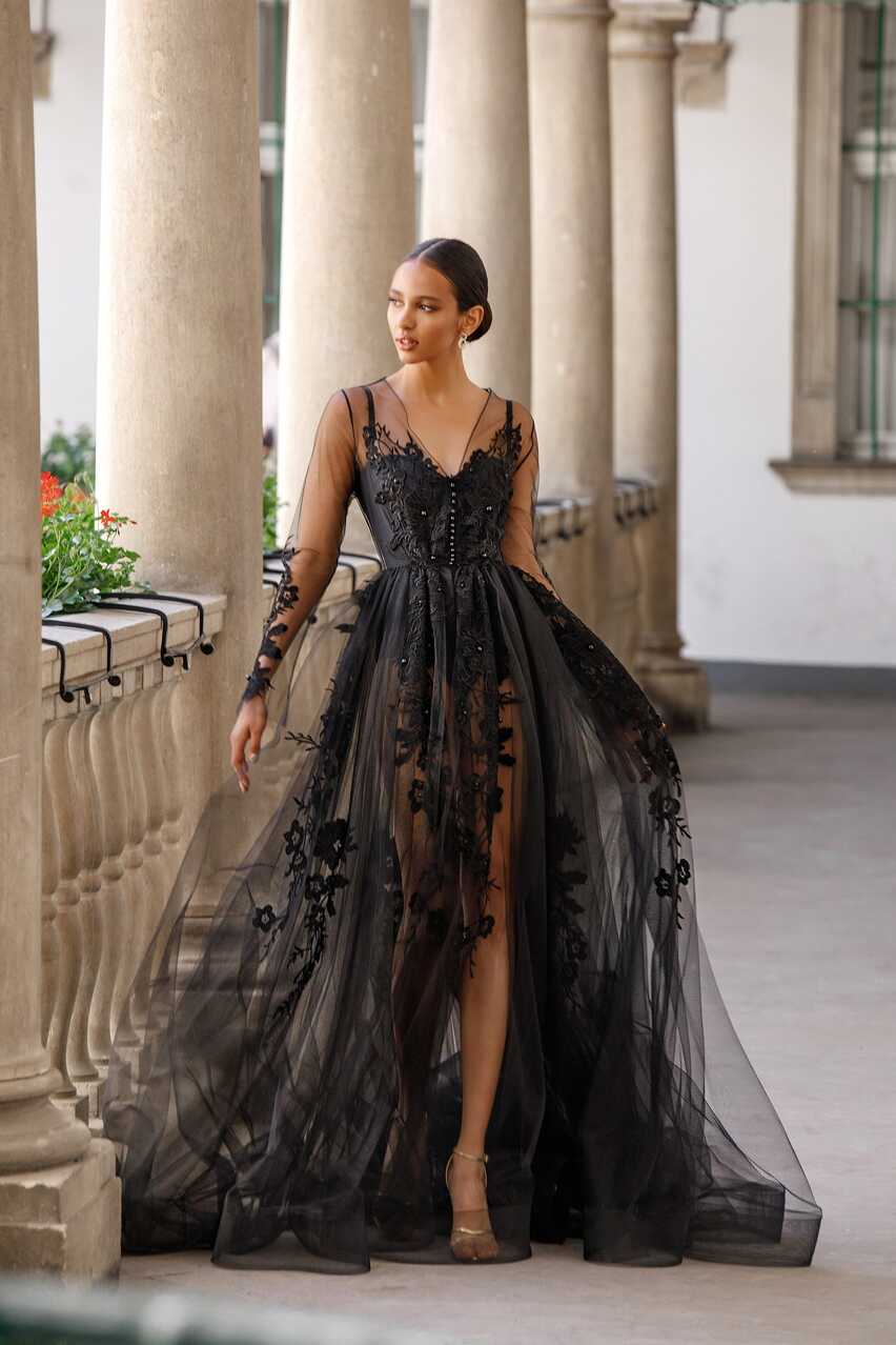 Light Black Long Sheer Wedding Dress, Lace Tulle Wedding Dress ...