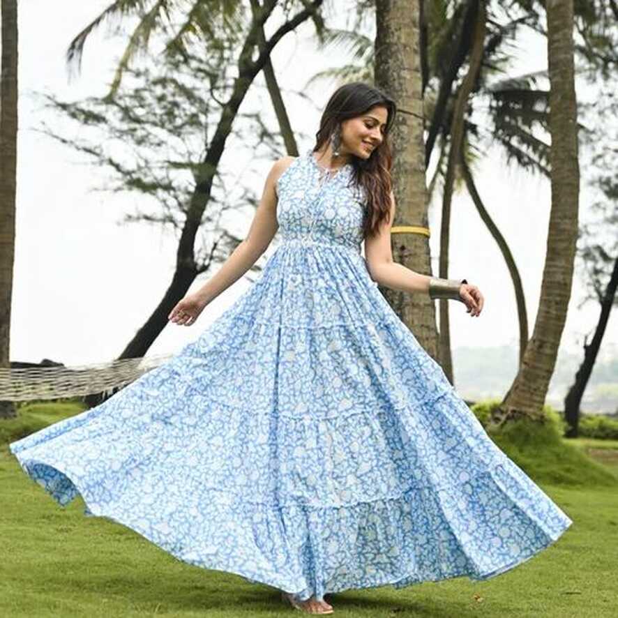 Light Blue And White Printed Cotton Long Dress, Size: Medium at Rs ...