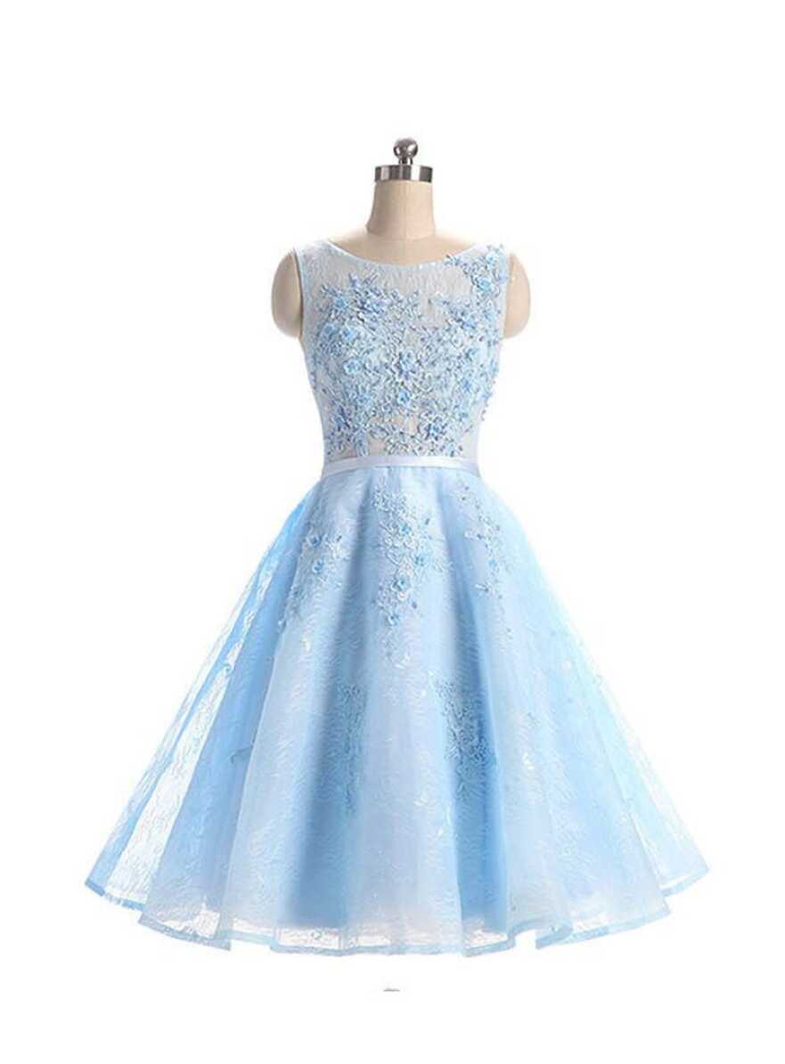 Light Blue Appliqued Sleeveless Lace Homecoming Dresses,girls A ...