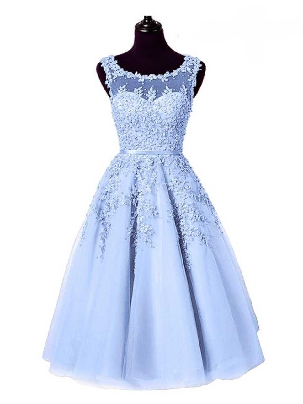 Light Blue Beaded Lace Appliques Knee Length Bridesmaid Dress ...