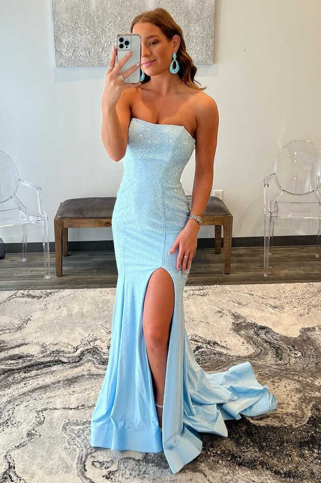 Light Blue Beaded Strapless Mermaid Long Prom Dress EWQ014 ...