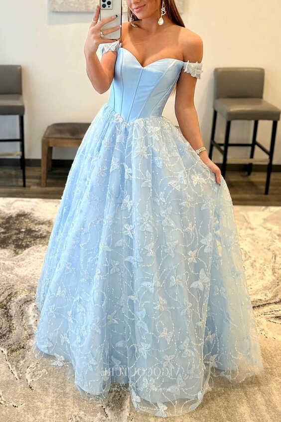 Light Blue Butterfly Lace Off-Shoulder Prom Dress with Sweetheart ...