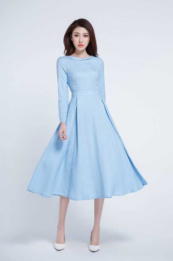 Light Blue Dress, Midi Dress, Pleated Dress, Spring Dress, Long ...