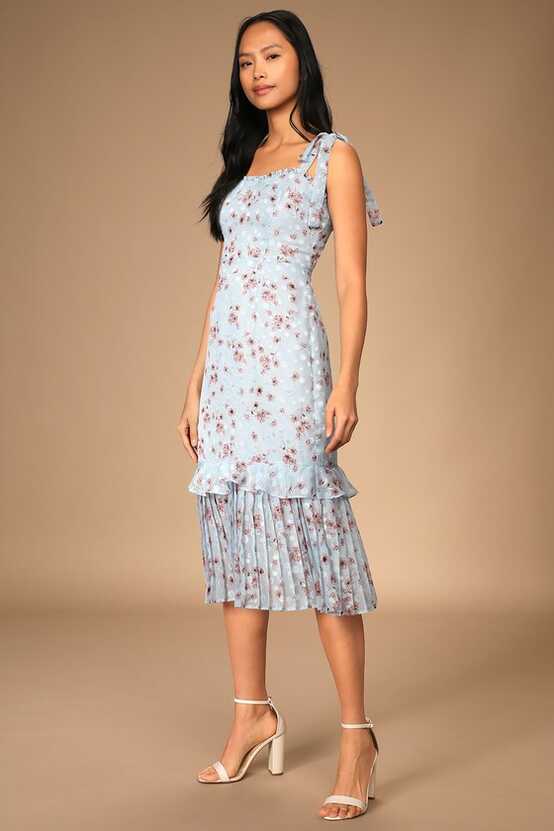 Light Blue Floral Dress - Chiffon Midi Dress - Ruffled Midi Dress ...