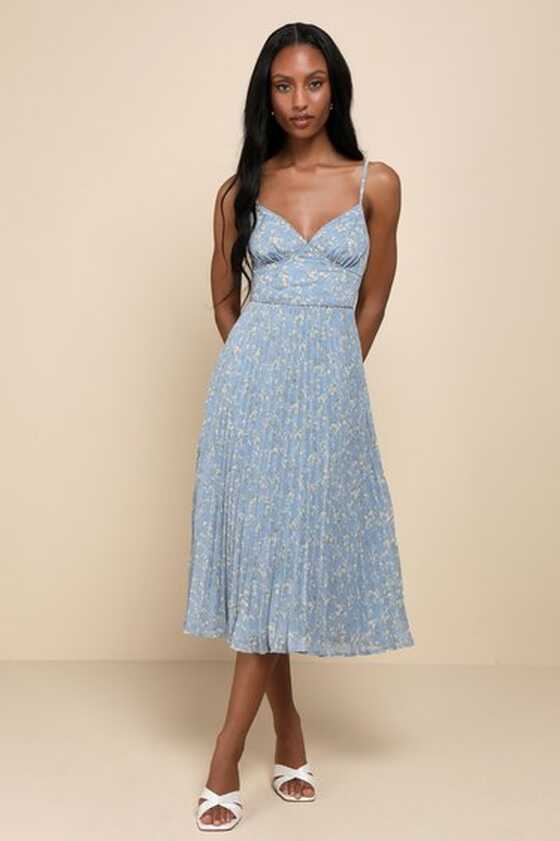 Light Blue Floral Dress - Pleated Dress - Swiss Dot Midi Dress - Lulus