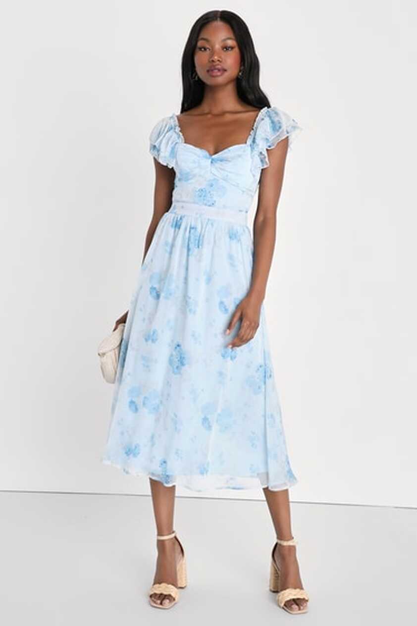 Light Blue Floral Dress - Ruffled Midi Dress - Tie-Back Dress - Lulus