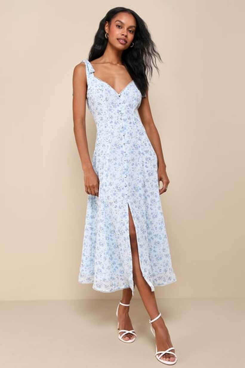 Light Blue Floral Dress - Tie-Strap Midi Dress - Lace Trim Dress ...