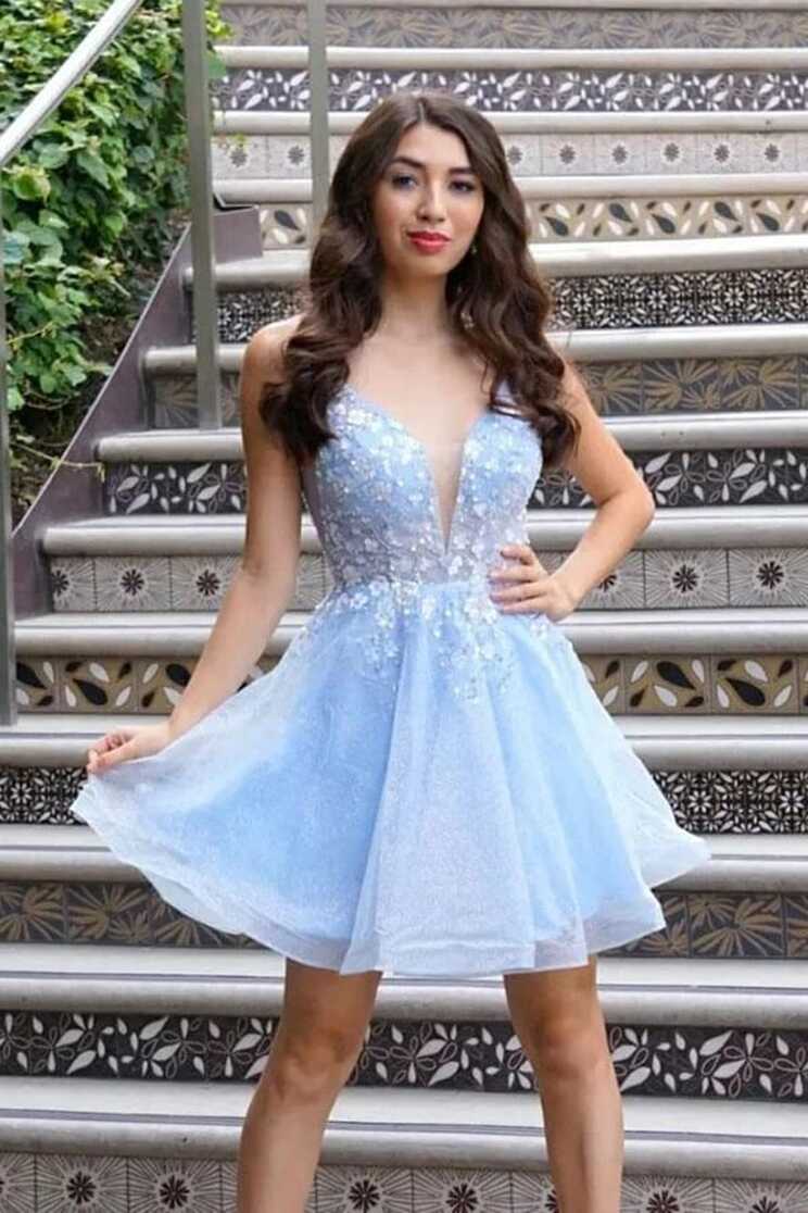 Light Blue Floral Lace A Line Cheap Homecoming Dress PH385 | Promnova