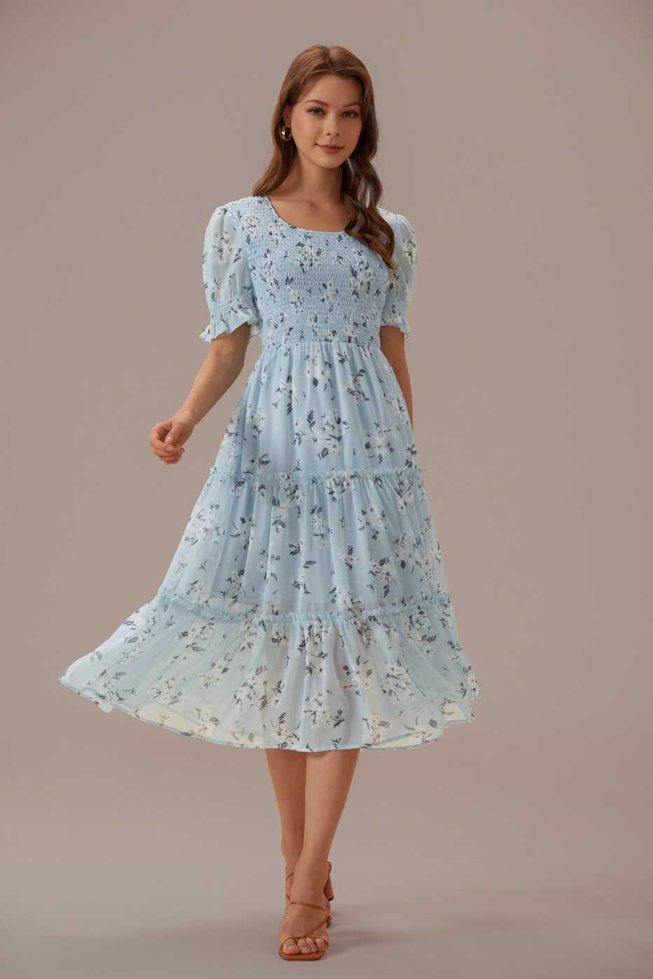 Light Blue Floral Short Sleeve Round Neck Midi Dress - Petallush