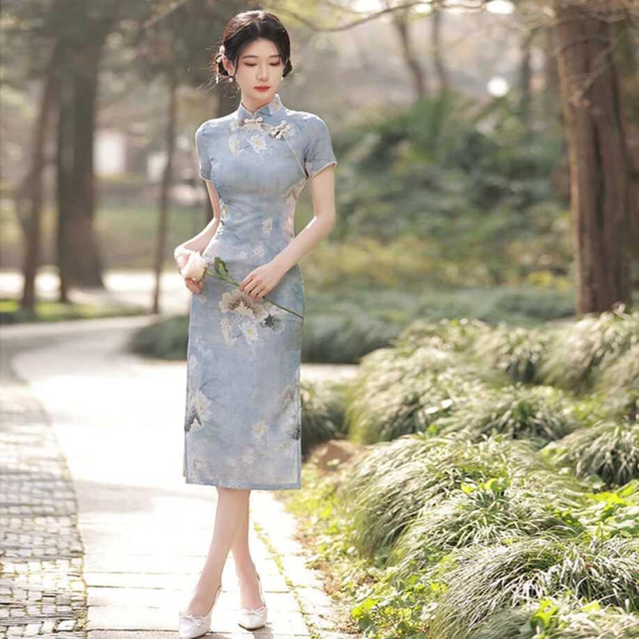 Light Blue Floral Vintage Women Modern Traditional Chinese Dress ...