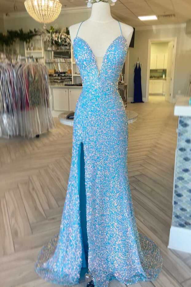 Light Blue Iridescent Sequin Lace-Up Prom Dress with Slit – jkprom