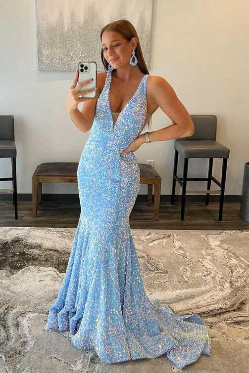 Light Blue Iridescent Sequin Open Back Trumpet Long Formal Dress