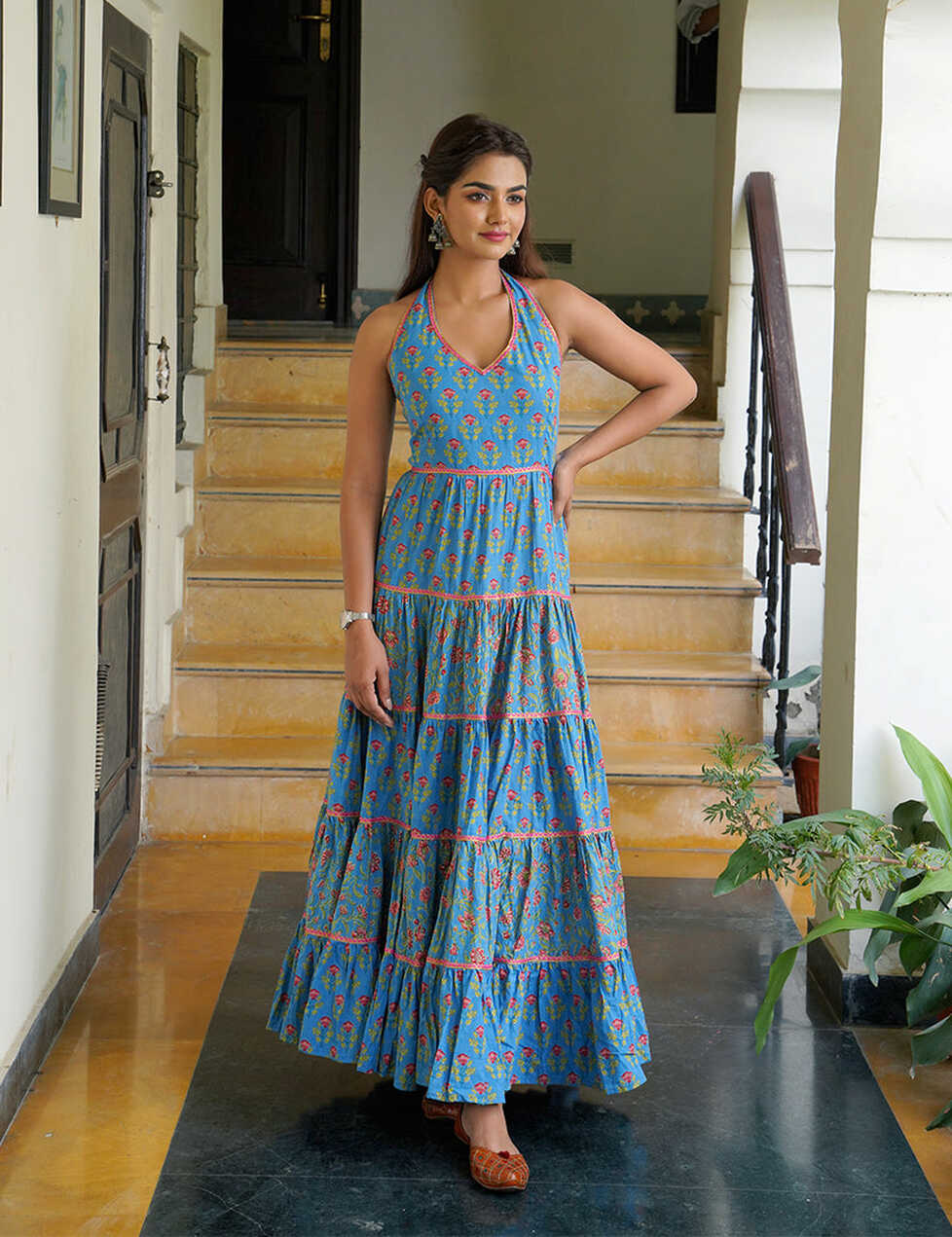 Light Blue Kajodi Cotton Printed Maxi Dress