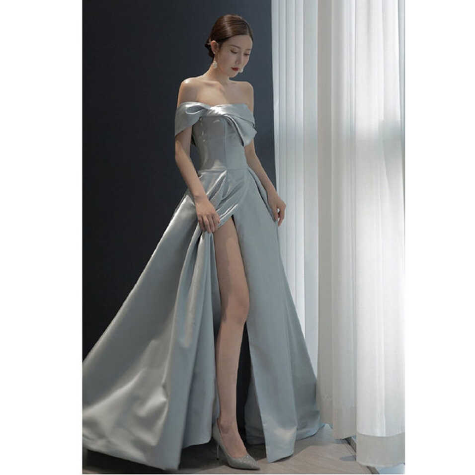 Light Blue Korean Long Birthday Party Evening Dress Satin Women ...