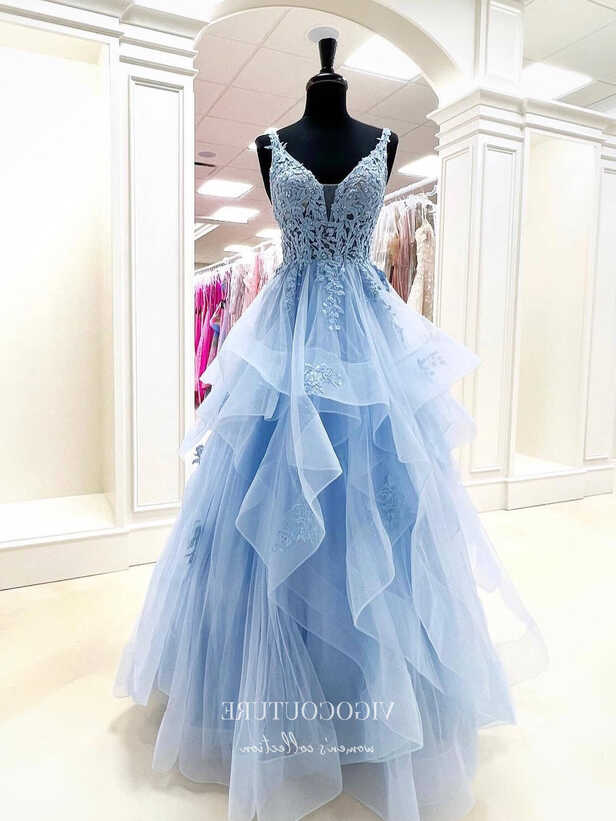 Light Blue Lace Applique Prom Dresses Tiered V-Neck Formal Dresses ...