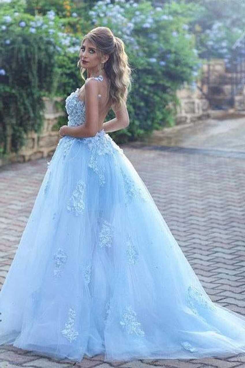 Light Blue Lace Appliques Ball Gown Prom Dress,Princess Prom Dress ...