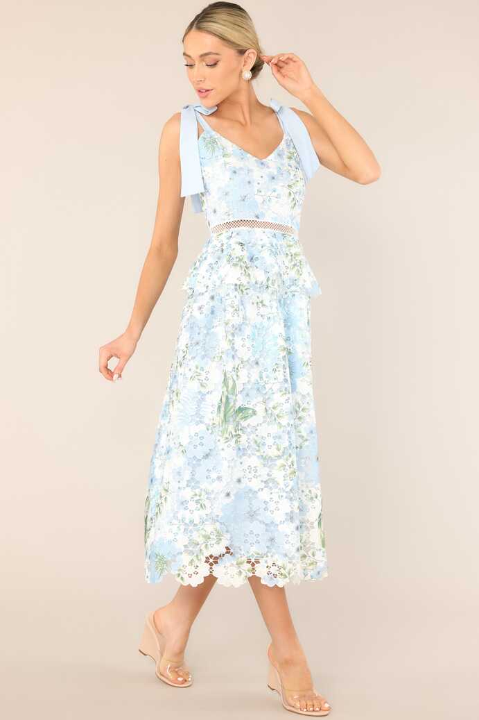 Light Blue Lace Floral Midi Dress - All Dresses | Red Dress