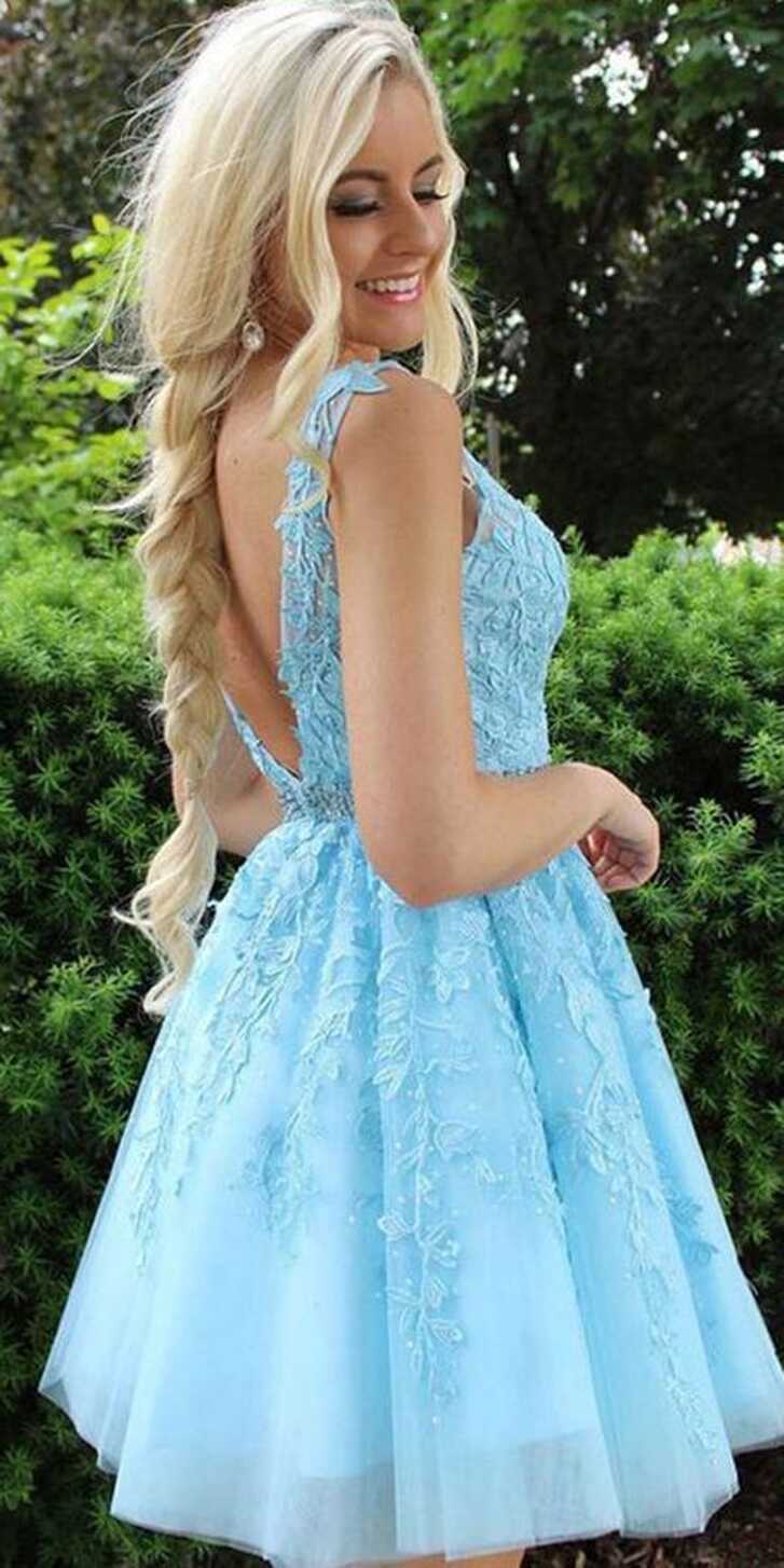 Light Blue Lace Homecoming Dress, Short Prom Dress ,Back To School ...