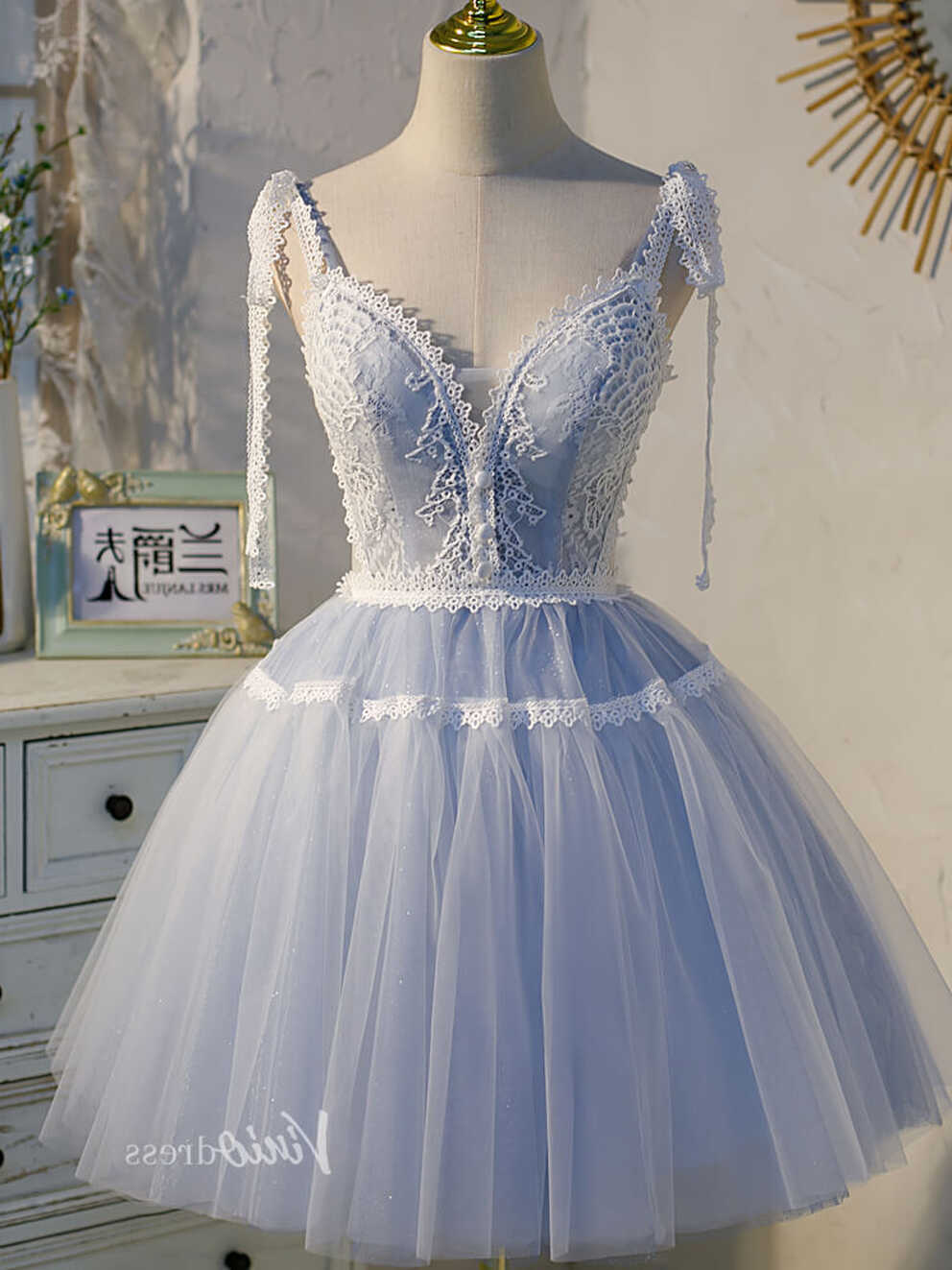 Light Blue Lace Homecoming Dresses Short Prom Dress SD1405 ...