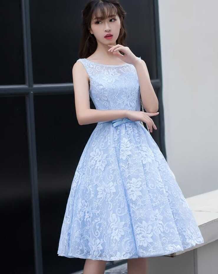 Light Blue Lace Knee Length Round Neckline Party Dress, Charming ...