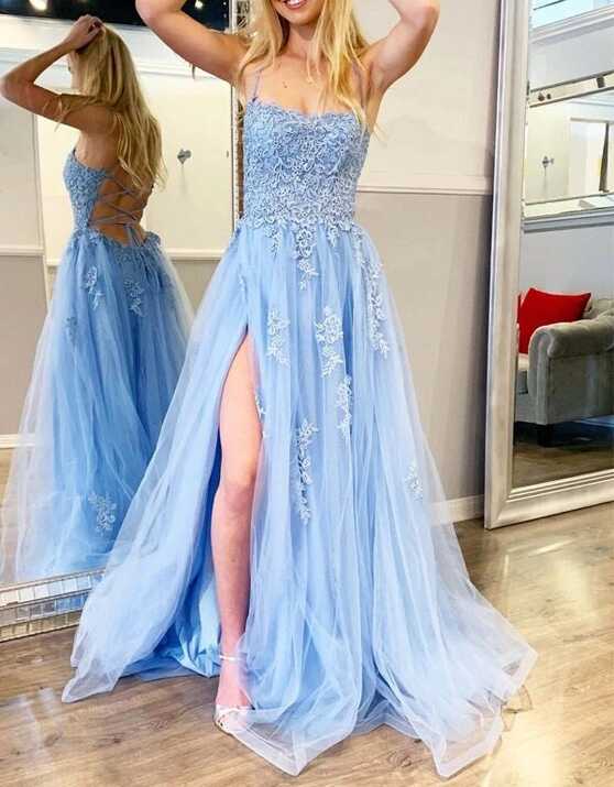 Light Blue Lace Prom Dress With Slit Girls Graduation Party Wear ...