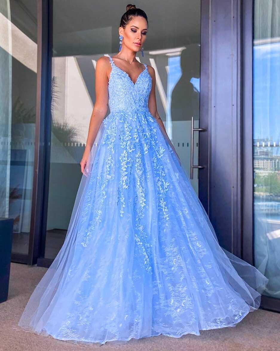 Light Blue Lace Prom Dresses Princess V Neck – alinanova