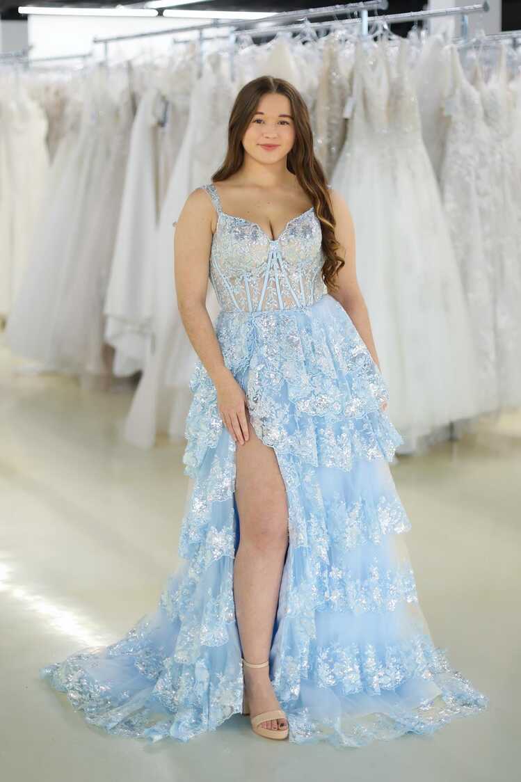 Light Blue Lace Sweetheart Tiered Long Prom Dress with Slit ...