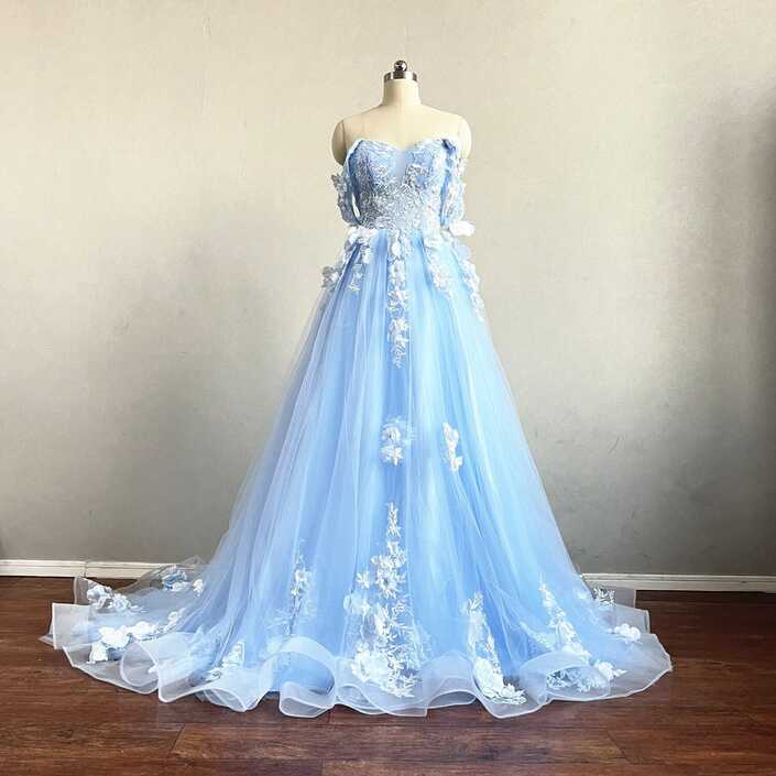 Light Blue Lace Tulle Fairy Prom Dress 2023 Corset Back With ...