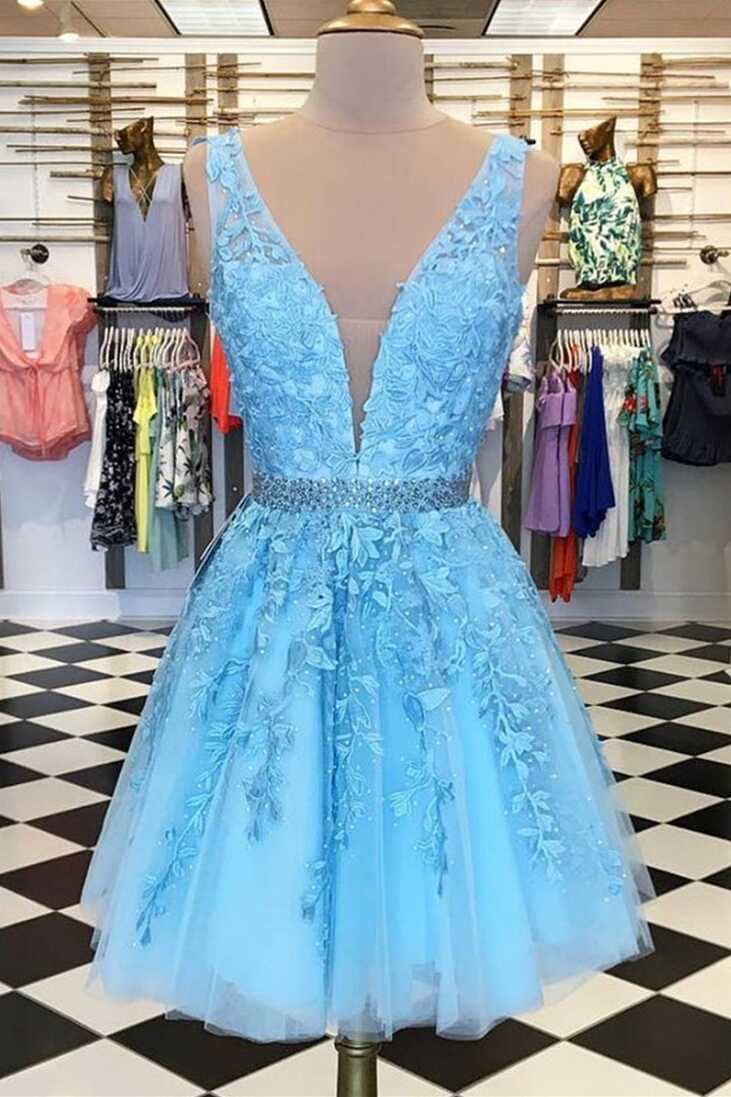 Light Blue Lace V Neck Short Prom Dresses with Belt, Light Blue ...